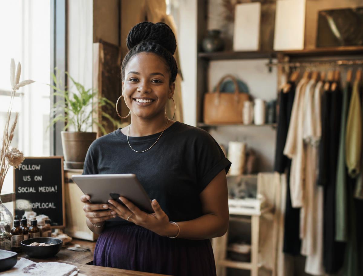 A Black woman small business owner working on a tablet in her boutique
