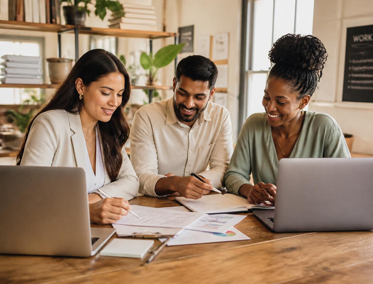 A multiethnic small business team reviewing paperwork together at a wooden table