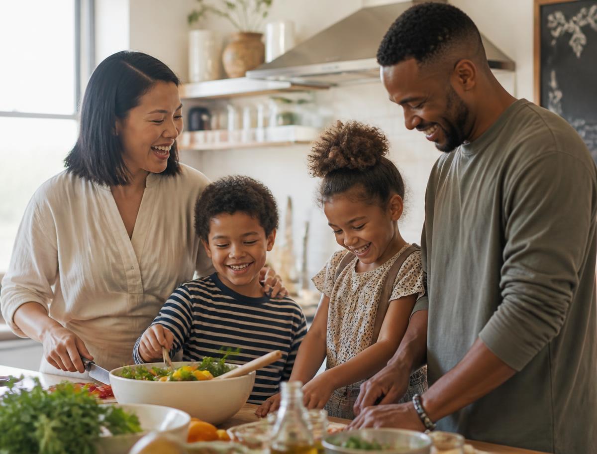 A multiethnic family cooking together in a sunlit kitchen