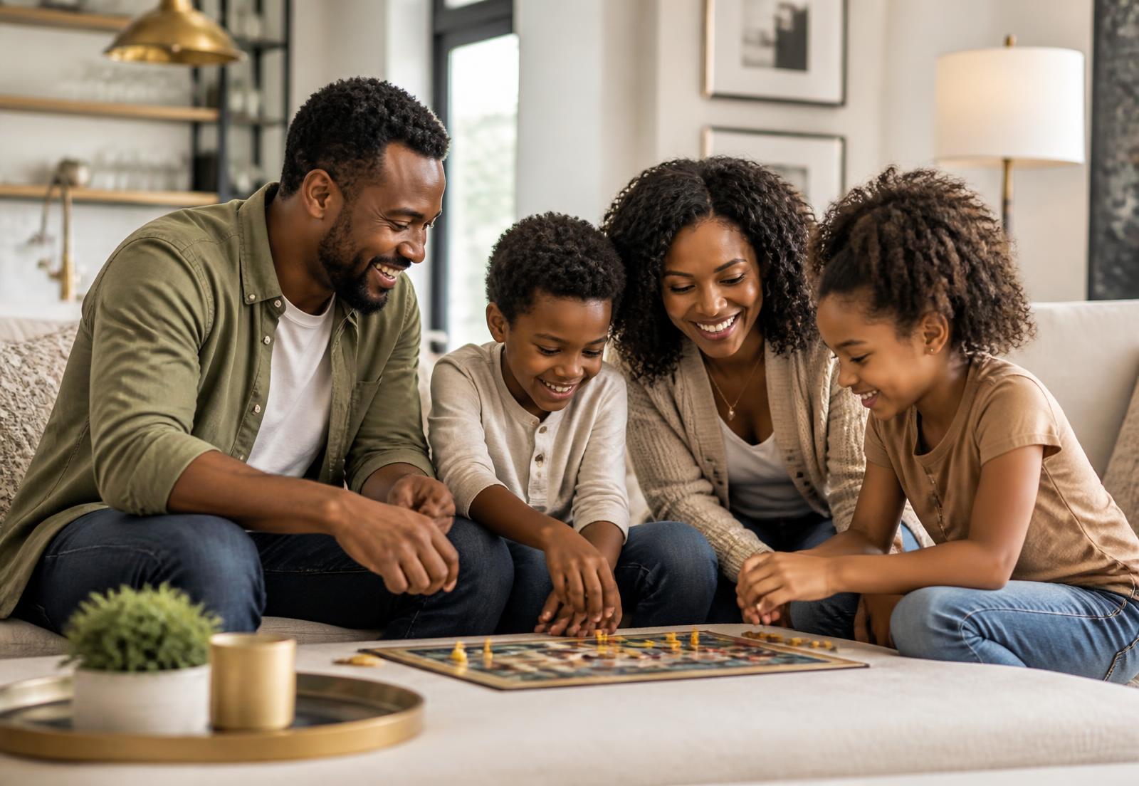 A racially ambiguous Black family of four laughing together while playing a board game in a sunlit living room
